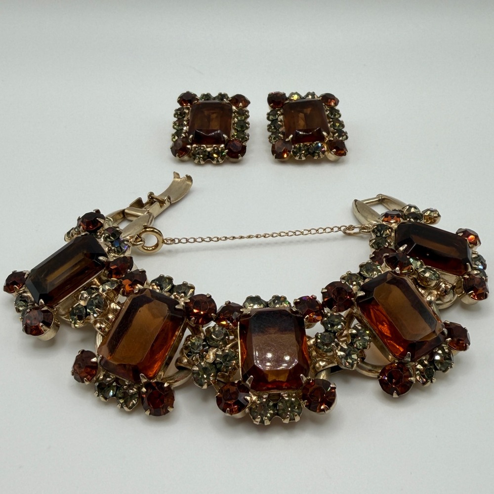 Juliana Elster & DeLizza VTG Smoky Topaz Rhinestone Bracelet and Earrings Set - Picture 12 of 16